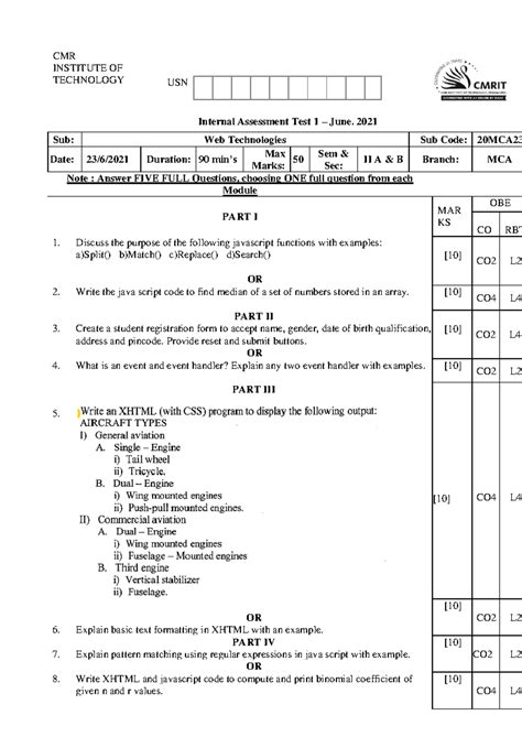IAT-I Question Paper with Solution of 20MCA23 Web Technologies June ...