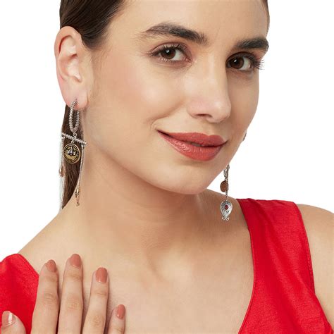 Chamba Half Moon Design Asymmetrical Silver Plated Brass Drop Earrings ...