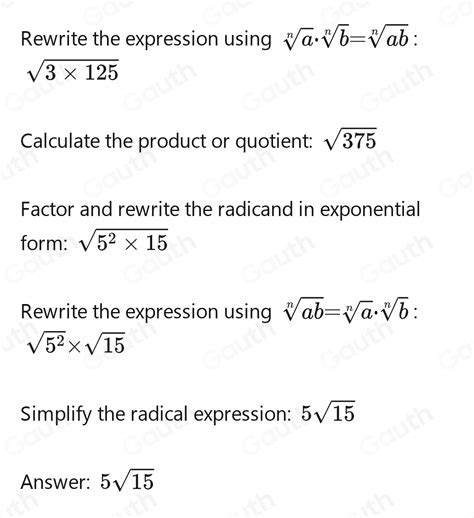 Solved: 7. Work out the following sqrt(3)sqrt(125) [algebra]