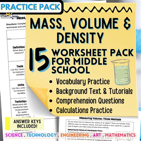 Mass, Volume and Density FIFTEEN Worksheets w/Answer Keys! Middle ...