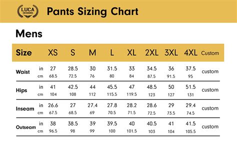 Standard Size Chart - Luca Designs