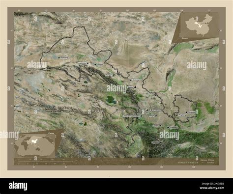 Gansu, province of China. High resolution satellite map. Locations and names of major cities of ...
