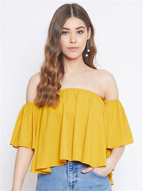 Women Solid Yellow Off-Shoulder Ruffled Crop Top - Berrylush