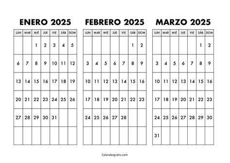 Calendario enero febrero y marzo 2025 para imprimir gratis