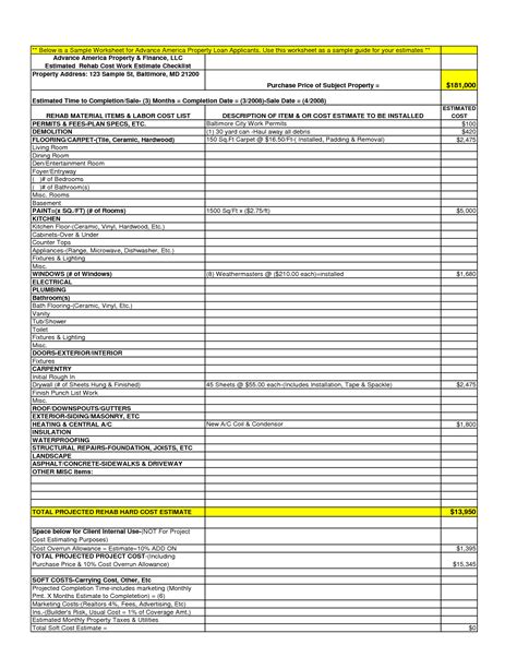 Home Remodeling Cost Estimate Template