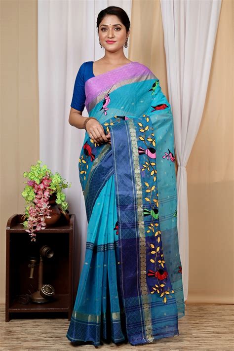 Blue Pure Cotton Embi Ganga Chari Tant Embroidery (1594 )
