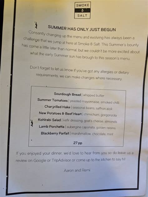 Menu at Smoke & Salt restaurant, London, 115 Tooting High St