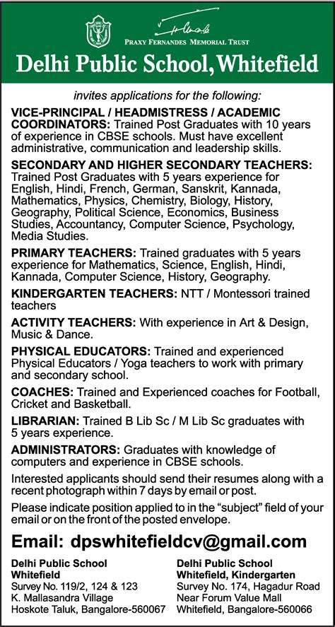 Kindergarten Teachers job vacancy at Delhi Public School, Whitefield