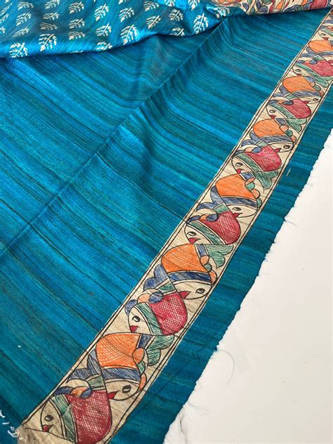 Hand-painted Madhubani Tussar Ghicha Silk Saree - Pushp Matsya Design ...