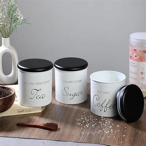TUWEL Tea Coffee Sugar Containers Set Of 3-White Coated Tea Coffee ...