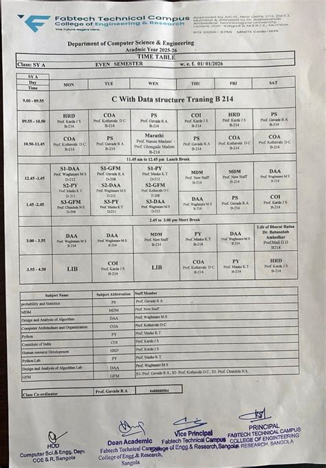 Computer Science & Engineering Timetable/ Academic Calendar