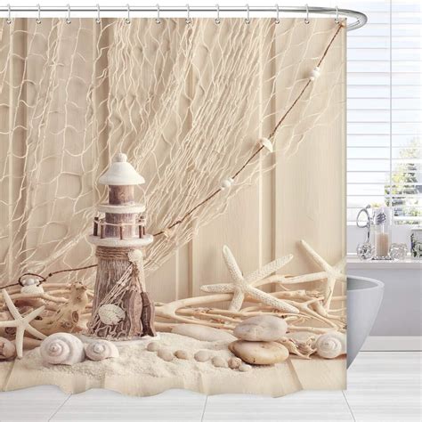 BROSHAN Nautical Shower Curtain 84 inches Long, Coastal Sea Shell ...
