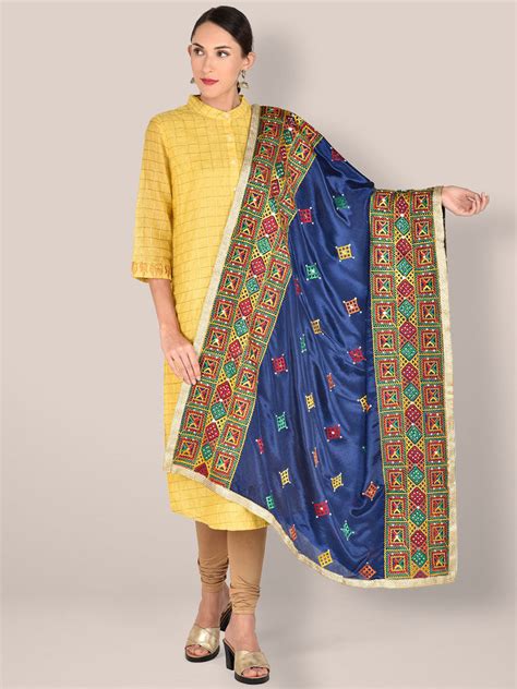 Phulkari Navy Blue & Multicoloured Pure Chinon Dupatta, Blue dupatta ...