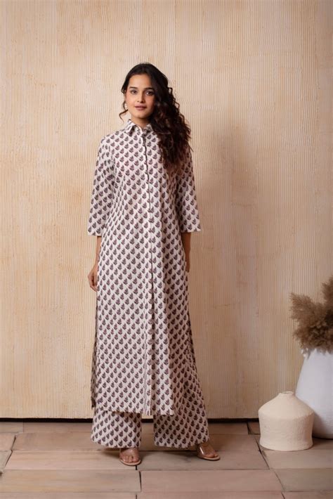 DHOOP CHAAV WHITE COTTON PURPLE CHOTI BOOTI HAND BLOCK PRINT LONG SHIR ...