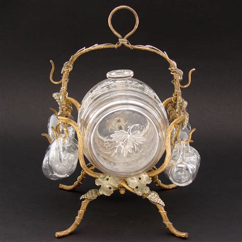 Antique French Aperitif Liqueur Service, Lg Barrel, Six Cups, Gilt Wir ...