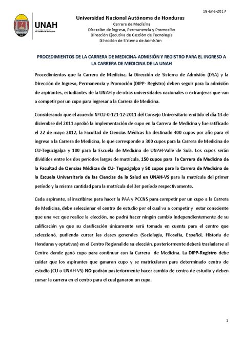 Procedimientos de Admisión a la Carrera de Medicina - UNAH 2017 - Studocu