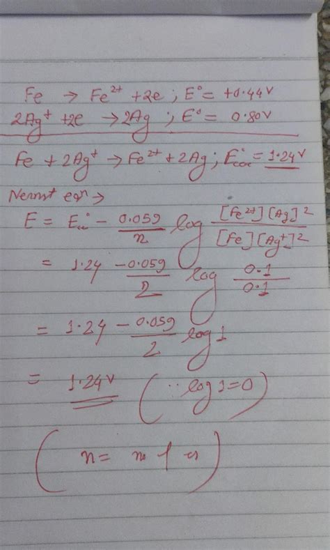 8. Calculate the e.m.f of the following cell at 298 K Fe/Fe2+ (0.1M ...