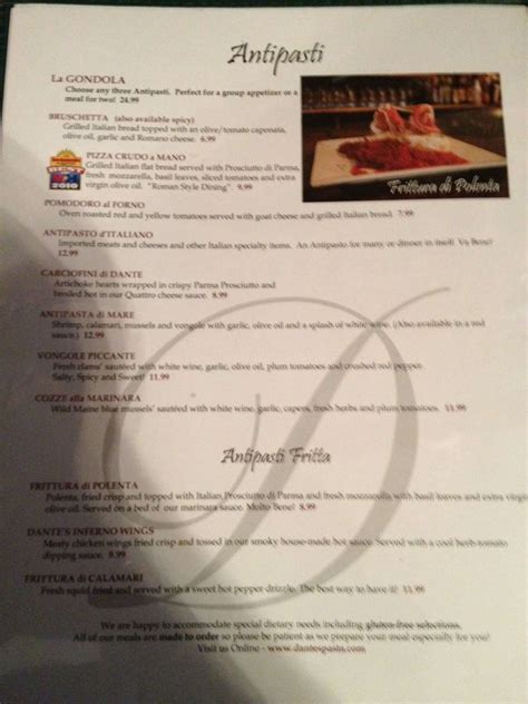 Menu at Dante's Pasta & Vino pub & bar, Barrington, 567 Route 125