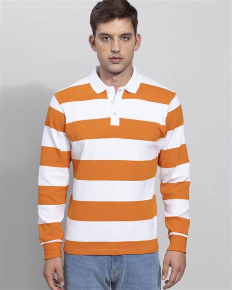 Buy Men's Orange and White Striped Slim Fit Polo T-shirt Online in ...