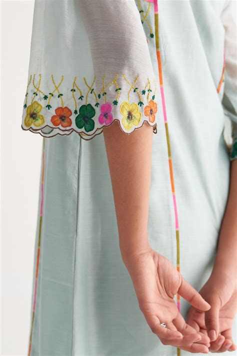 Powder Blue Floral Applique Streak Tape Kurta with Pants and scalloped ...