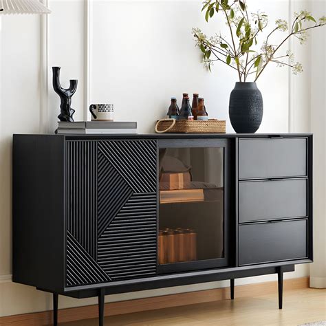Black Modern Wood Buffet Sideboard Cabinet with Drawers and Shelves ...