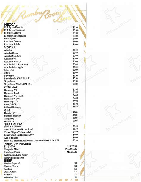 Menu at Rumba Room Live club, Anaheim