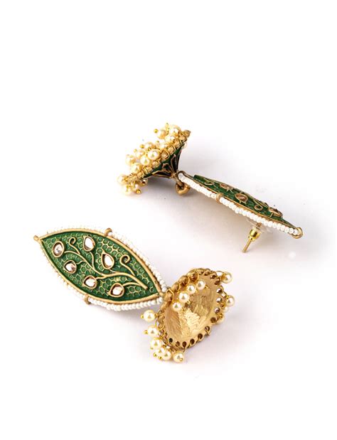 Kundan Studded Beaded Green Drop Earring – Priyaasi