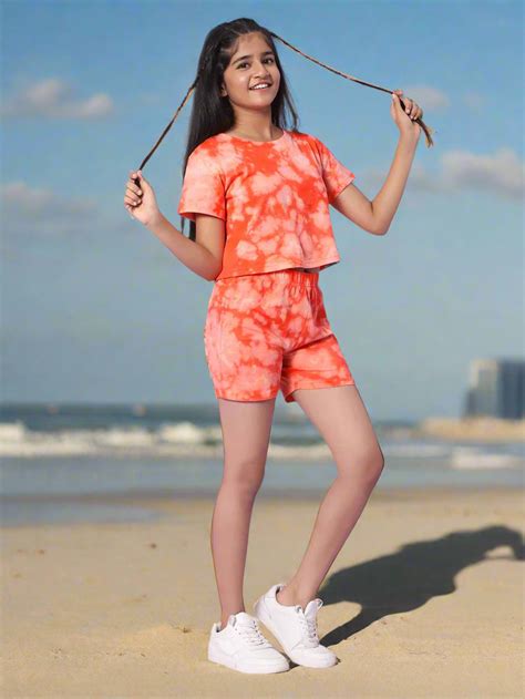 Girls Tie Dye Crop Top and Shorts Co-Ord Set (set of 2) - Orange ...