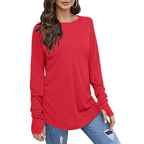Eryao Women's Thumb Hole T-Shirt Long Sleeve Crew Neck Plain Shirts ...