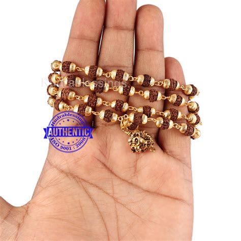 5 Mukhi Rudraksha Mala in gold plated caps with Lion Pendant – Rudra ...