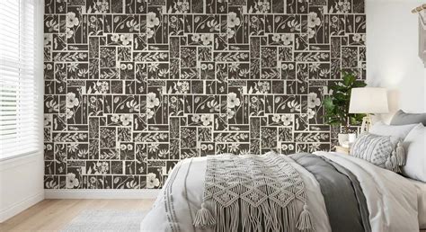 Botanical Block Print Wallpaper with Floral Panel Pattern
