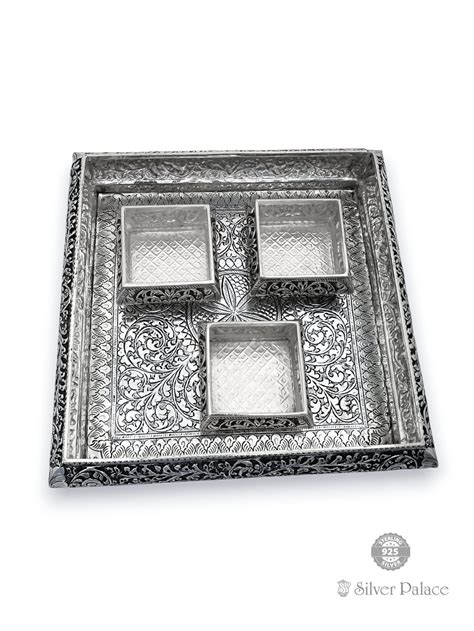 925 Oxidised Silver Floral Design Square Type Plate Set For Gifts ...