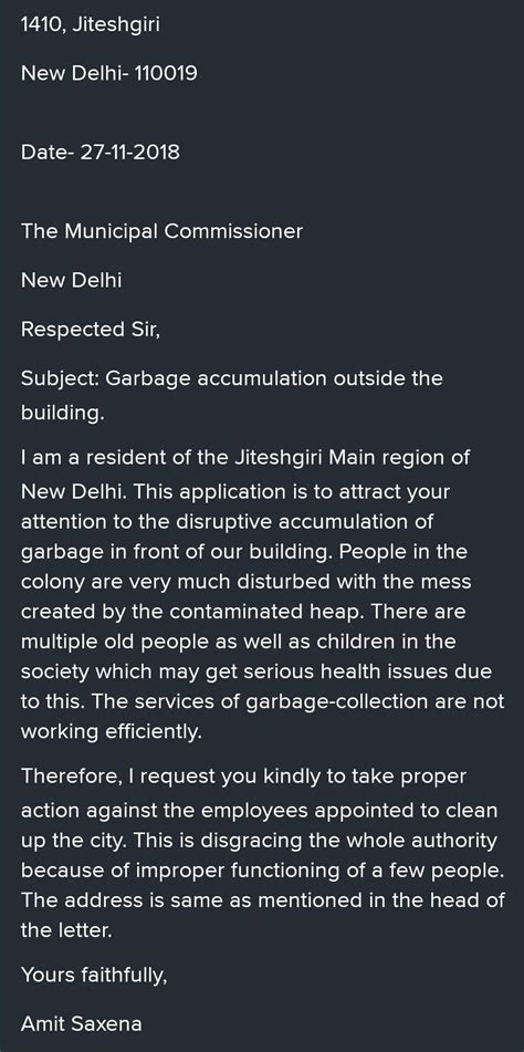 write a letter to the municipal commissioner of your city complaining ...