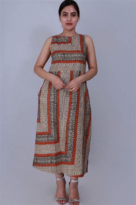 Buy Bagru Border Beige Printed Sleeveless Dress For Women Online.