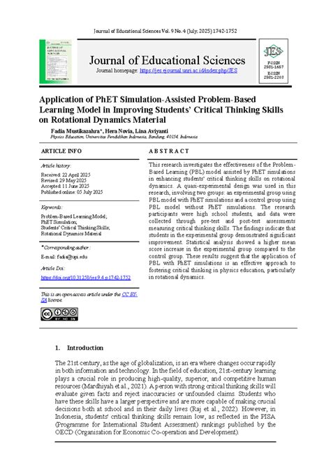 Application of PBL with PhET Simulations to Enhance Critical Thinking ...
