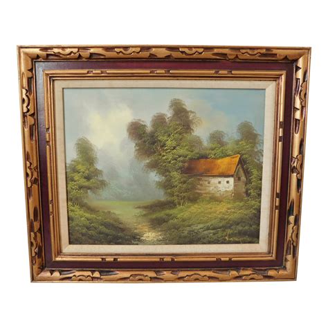 Vintage Mid Century Signed Oil Painting Cottage Cabin Landscape Carved Wood Gold | Chairish