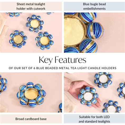 Set Of 6 Blue Beaded Metal Tea Light Candle Holders Online - Premium ...