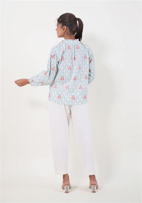 Women Block printed Aza Top Leaf Blue