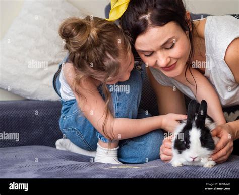 Adorable young girl mother playing with rabbit Stock Photo - Alamy