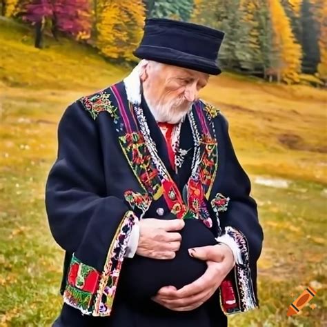 Polish grandfather in traditional folk costume in the mountains on Craiyon