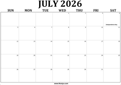 2026 July Printable Calendar 2026 July – Noolyo.com