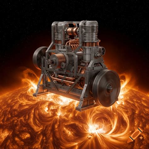 A photorealistic, massive industrial-grade Stirling engine sits on the turbulent surface of the ...