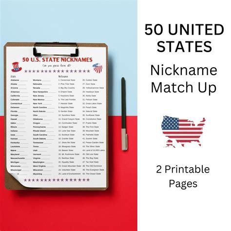 50 States Nickname Match Up, USA Game, United States Trivia, USA Geography Activity, Patriotic ...