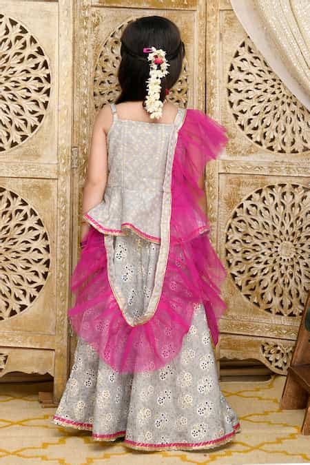 Buy Grey Cotton, Net Embroidery, Tassels Floral Print Lehenga Choli Set ...