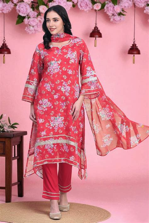 Buy Red Floral Printed Lace Embellished A-Line Woven Fabric Kurta ...