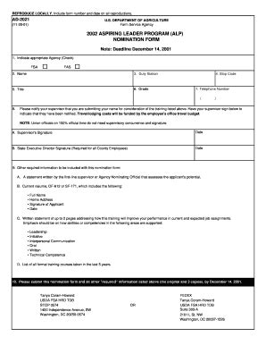 Fillable Online ocio usda 2002 ASPIRING LEADER PROGRAM ALP NOMINATION ...