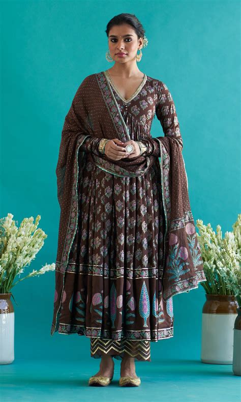 Samaah brown block printed V- neck anarkali with solid palazzo and dup ...