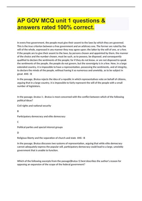 AP GOV MCQ unit 1 questions & answers rated 100% correct. - AP GOV MCQ ...