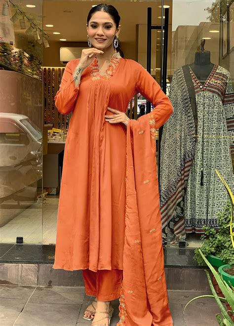 3 Pc Orange Readymade Viscose Dupatta Suit Set