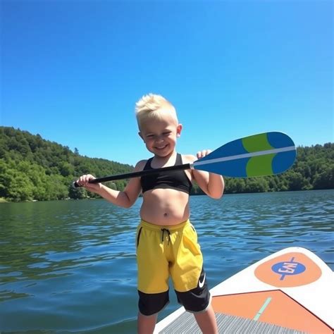 Joyful Water Sports Adventure: A Chubby Blond Boy with Paddle Board Oar